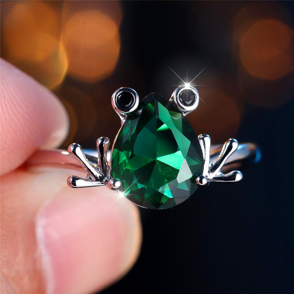 

Trendy Crystal Green Zircon Silver Color Wedding Bands Cute Flog Rings For Women Men Minimalist Jewelry 6