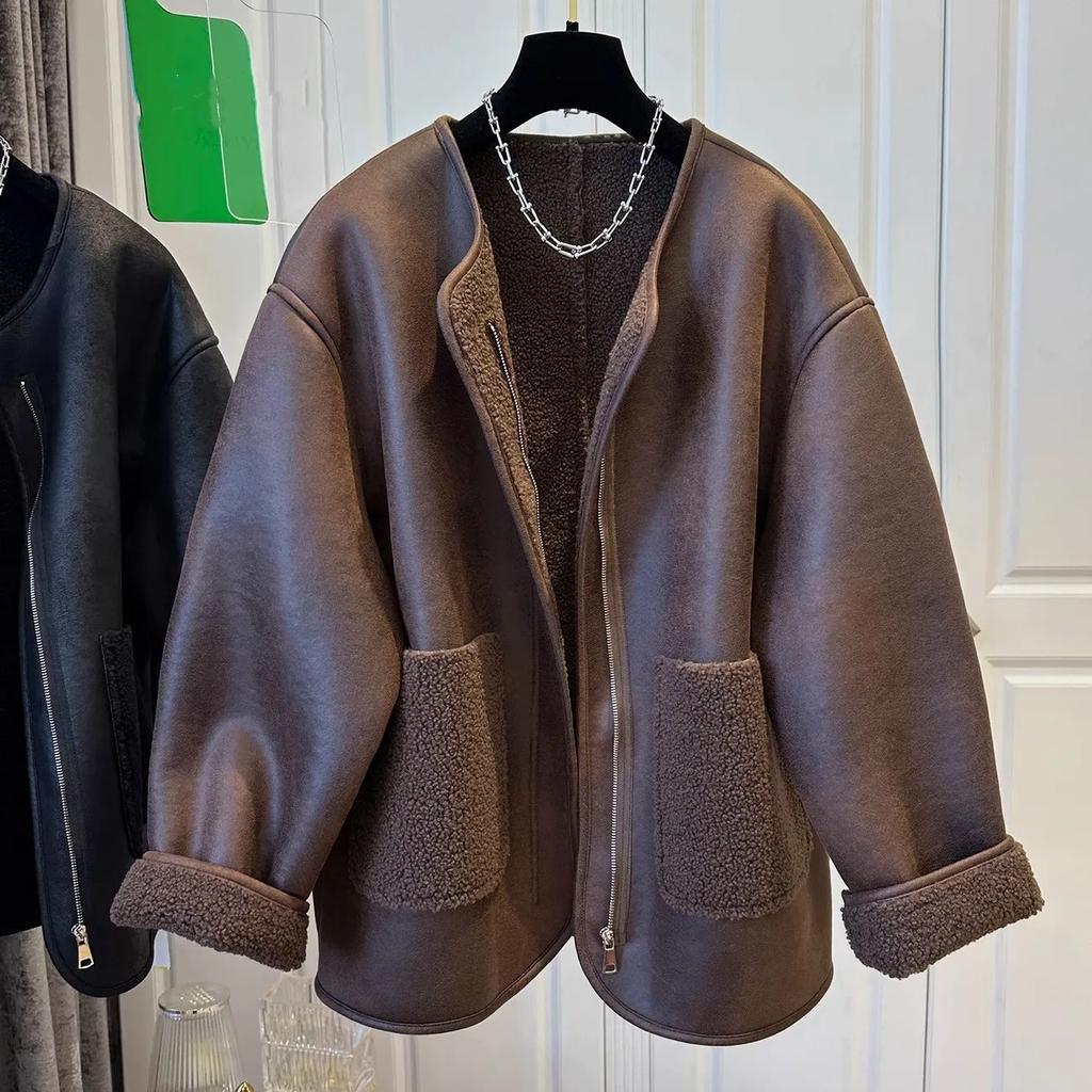 Women's Autumn Winter PU Leather Plus Size Jacket Solid Color Zipper Round Neck Coat