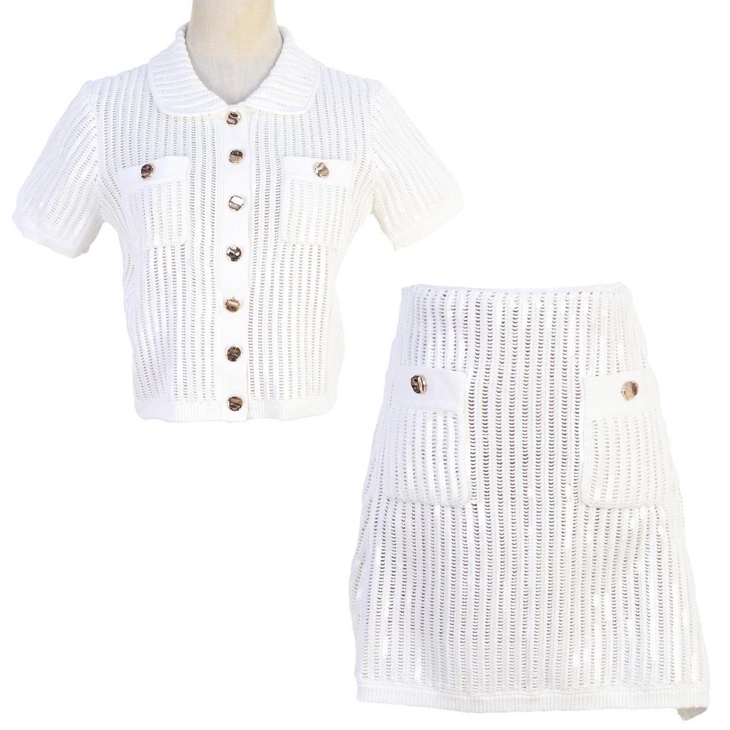 Women's French Sequin A-line Skirt Set with Lapel Metal Buckle and Knitted Hollowed Short Sleeve Cardigan