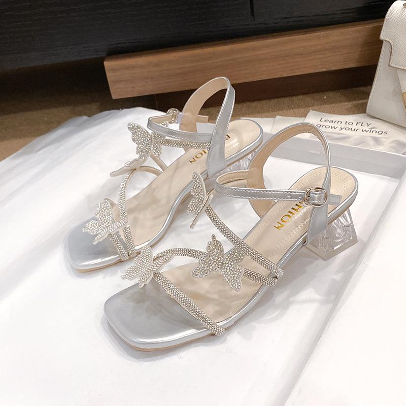 Premium sense silver rhinestone sandals women's summer dress thick heel open toe beautiful bow fairy style crystal high heels