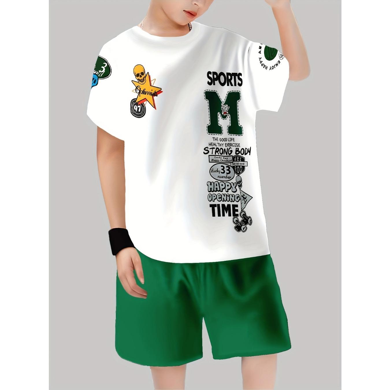 Boys set, fashionable 3D printed casual pullover, short sleeved shorts, T-shirt shorts 5-6Y