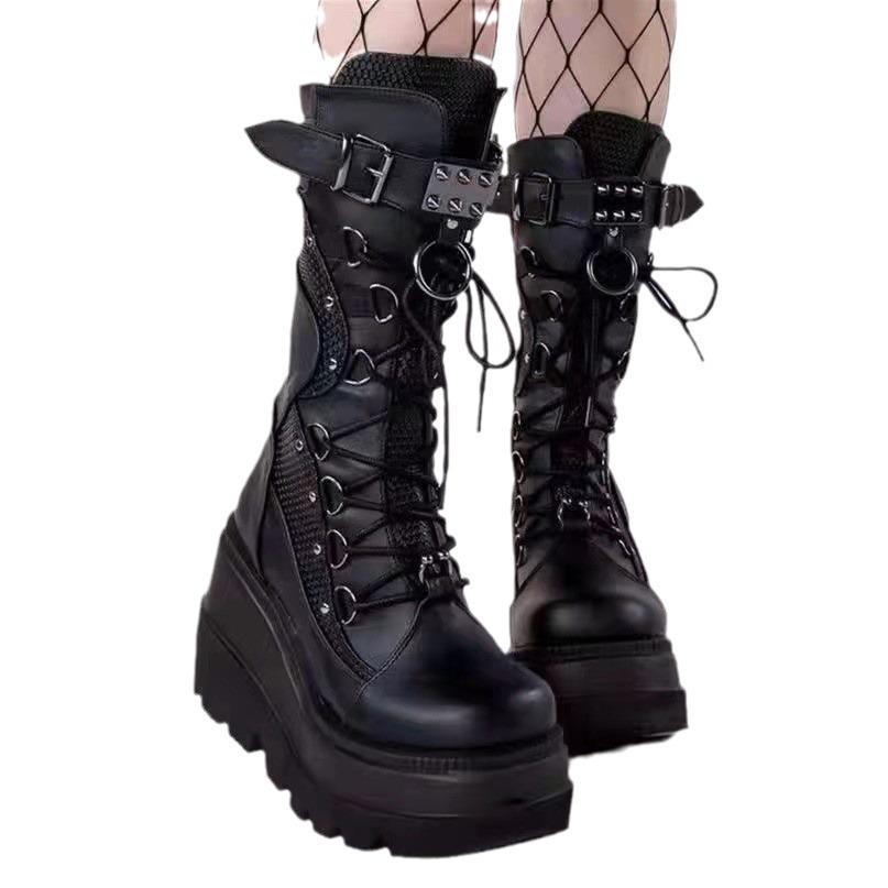 Demonia 9,5 cm Plateau Goth Punk Mid-Calf Motorradstiefel für Damen