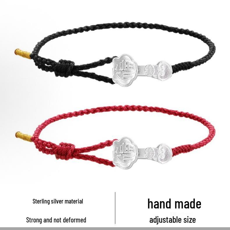 Sterling Silver Ruyi Woven Bracelet - Chinese Style Red Rope Jewelry Gift for Girlfriend