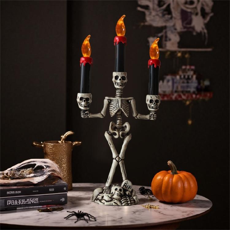 Halloween Skeleton Candle Holder with Flameless Candle LED Light Decorative Table Lamp for Halloween Party Centerpieces