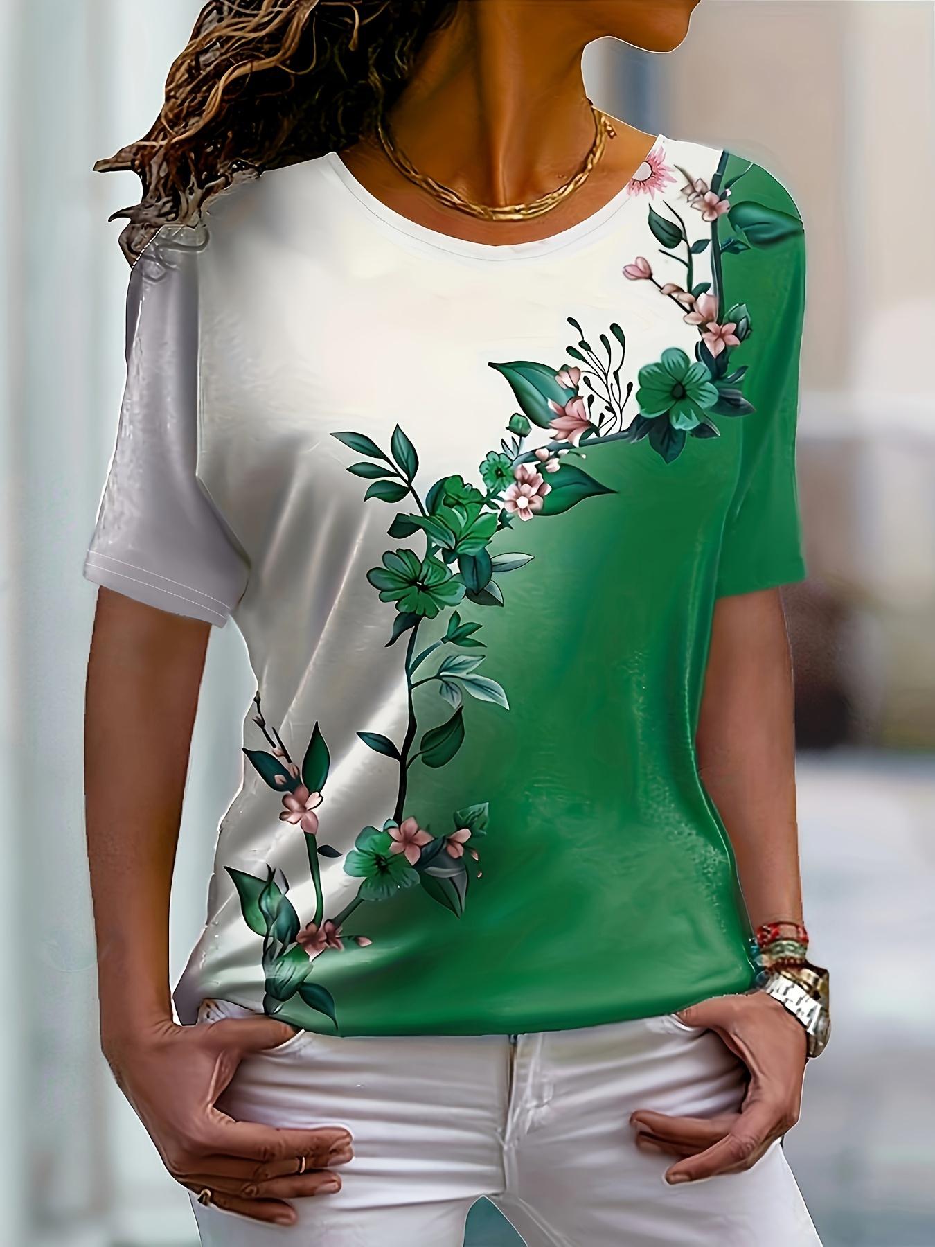 Women s Gradient Floral Print Round Neck T-Shirt - Casua M дубильная кора