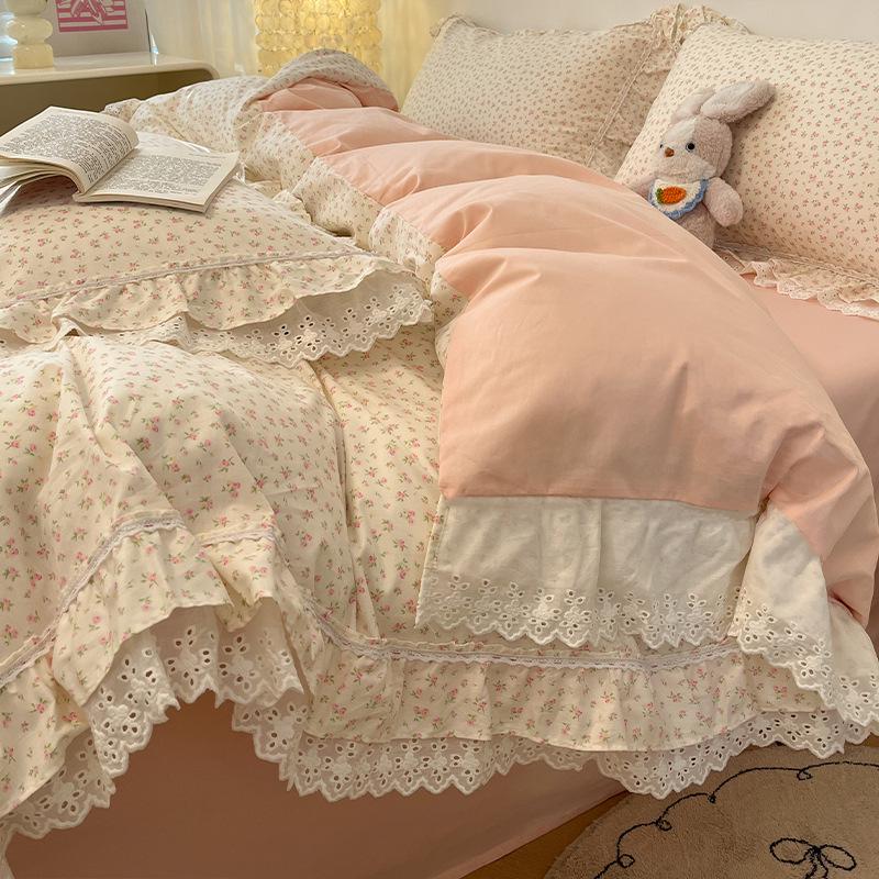 

2026 Cotton Four Seasons French Princess Lace Bedding Set (3 or 4 Pieces) 1.2m Bed Flat Sheet Set 3pcs (Cover 1.5m×2.0m)
