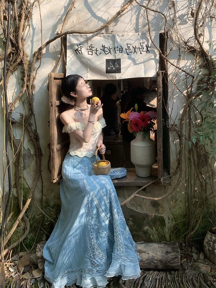 WALKINDARK Комплект: Топ с одним плечом и цветочным кружевом и вышитая юбка M