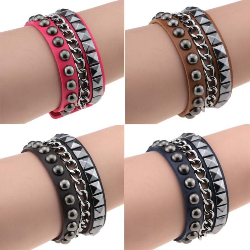 Kadın Katmanlı Punk Rock Perçin Bileklik Çivili Suni Deri Metal Zincir Bileklik