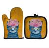 Blue Cat Pattern Microwave Glove Cute Baking Gloves and Mat Polyester Oven Mitt Insulation Potholder Kitchen Tools Accessories