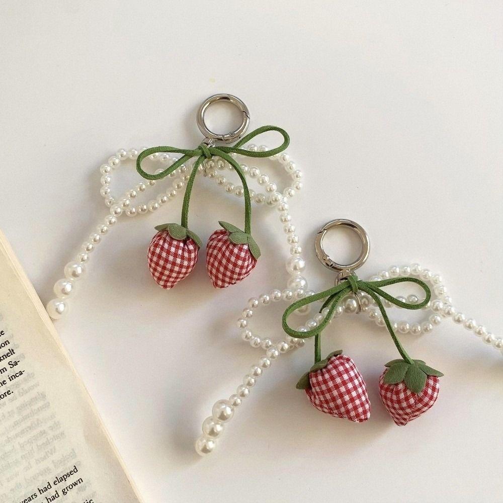 DIY Strawberry Bow Keychain Pearl Bowknot Mobile Phone Pendant  Women Bag Charm