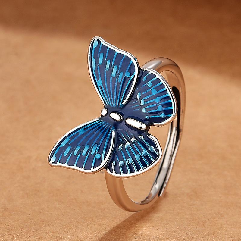 Blue Enamel Butterfly Ring Female Titanium Steel Design Sense Fashion Open Adjustable Creative Finger Ring
