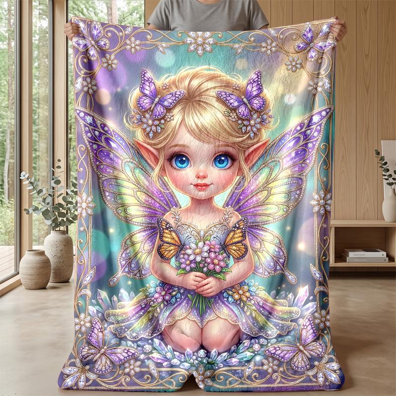 Fairy with Butterflies and Teddy Bears Theme Blanket Lightweight Warm Flannel Blanket Decorative Throw Blanket for Home Decoration