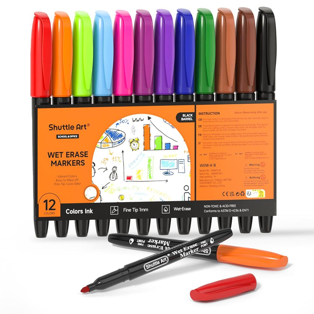 Shuttle Art Whiteboard Marker Fine Tip for and LED Suitable for and Markers, Water-Erasable Pens, 12-Color Set, (1mm), Whiteboards, Glass, Plastic,