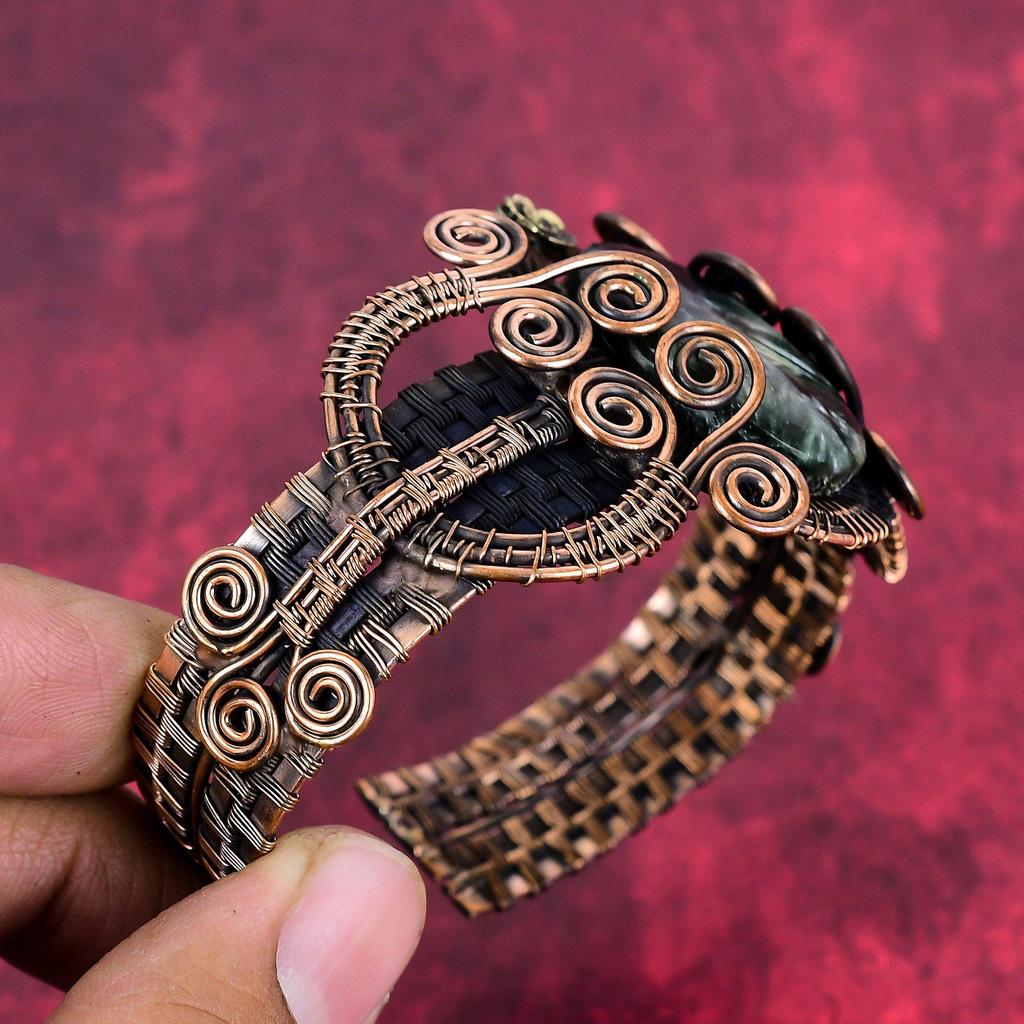 Seraphinite Cuff Bracelet Copper Wire Wrapped Adjustable Bangle Wire Wrapped Gemstone Jewelry Handmade Bangle Gifts for Wife Copper Jewelry
