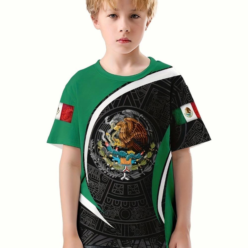 Children's Clothing Boys Summer Fashion Mexico Flag 3d Graphic Print T Shirt Short Sleeve Vibrant Colors Perfect for Casual Wear