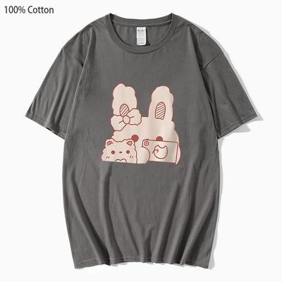 Kaninchen T-Shirts Kawaii Niedlich Anime T-Shirt Herren Damen Lässig Harajuku 100% Baumwolle Sommerkleidung Weißes T-Shirt Mädchen Oberteil