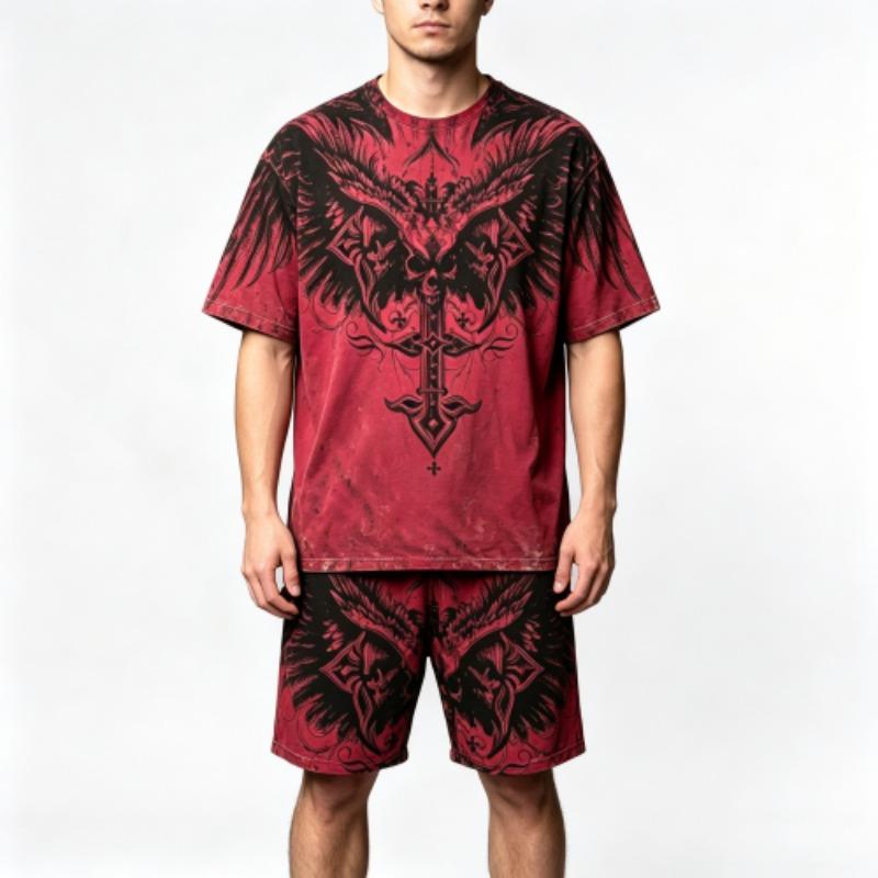 Summer Gothic Style Vintage Skull Cross Printed Round Neck Short Sleeved T-Shirt And Shorts Set Men's and Women's T-shirt Shorts Set