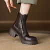 New women's large-size platform leather boots medium heel solid color square heel round head medium boots autumn and winter non-slip Martin boo