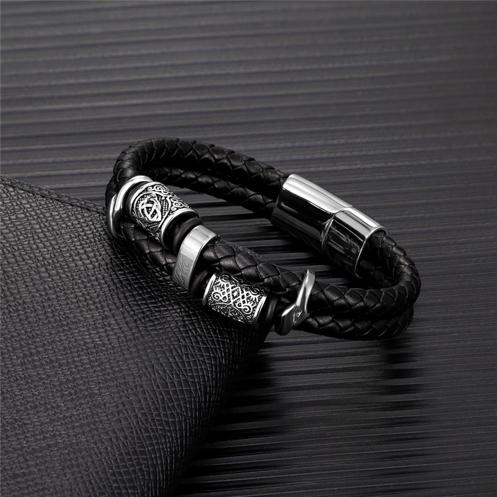 Norse Runes Double-Layer Genuine Leather Bracelet Men Stainless Steel Accessories Wristband Viking Couple Jewelry Handmade Gifts