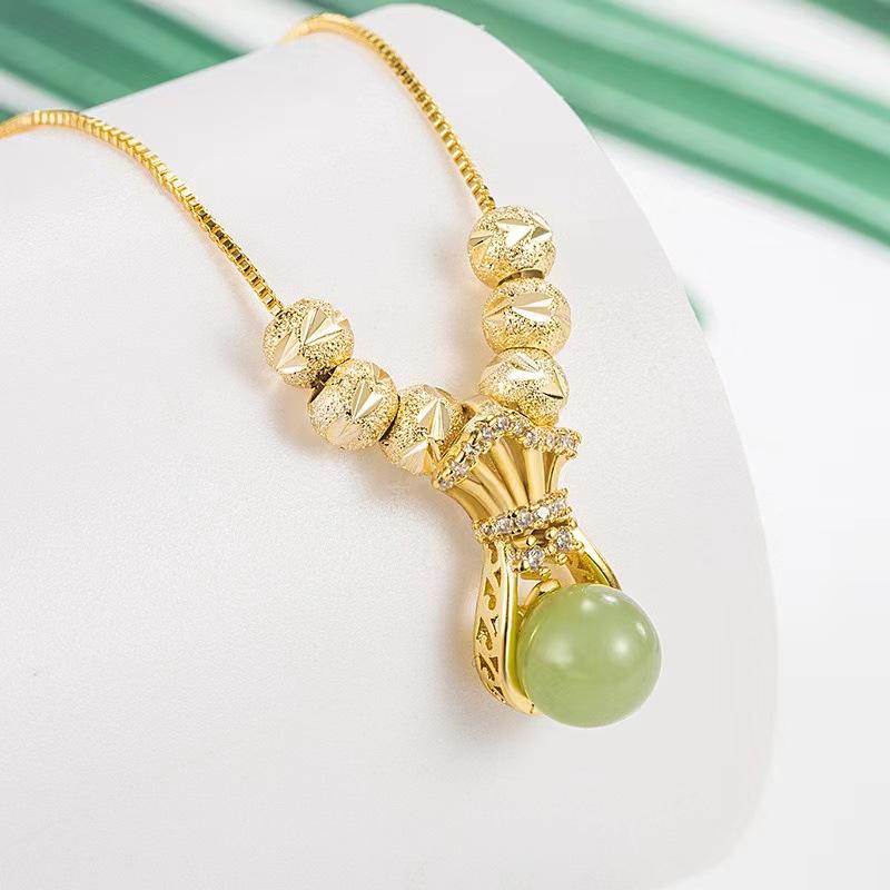 

Ретро Фу денежный мешок ожерелье для женщин легкий роскошный модный темперамент гранатовый зеленый кулон шея кулон ключица цепь