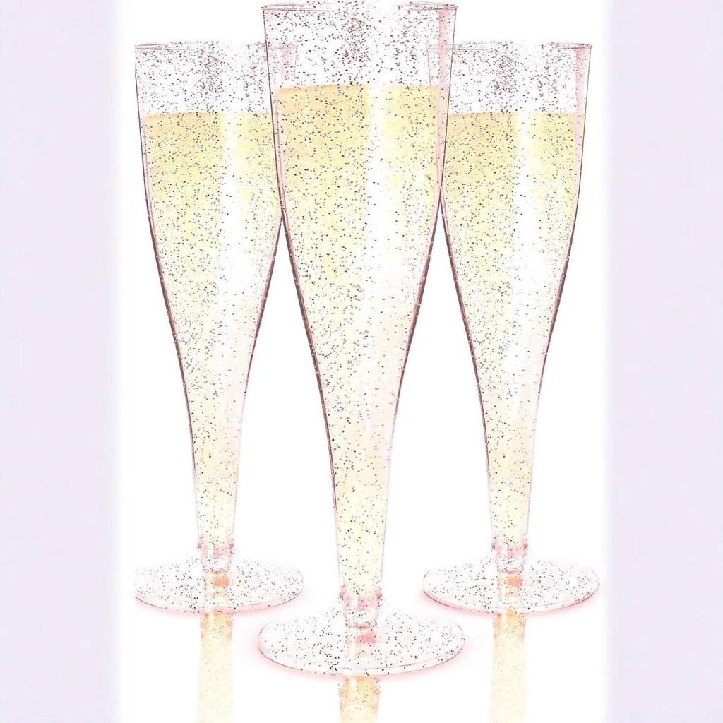4.5 Oz Gold Glitter Disposable Champagne Flute - High-Stem Plastic Red Wine or Cocktail Glass