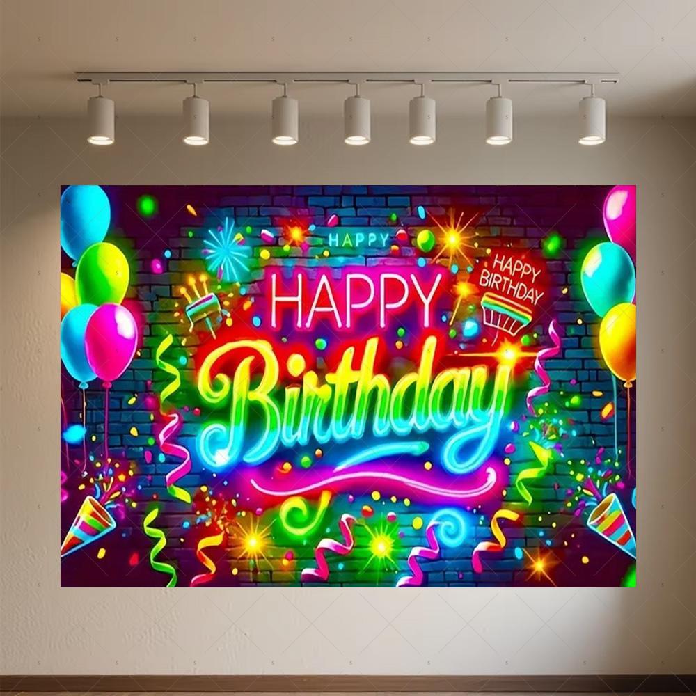 Glitter Happy Birthday Background Banner Glow Neon Dance Carnival Party Decorations Colourful Backdrop Supplies Photography Prop