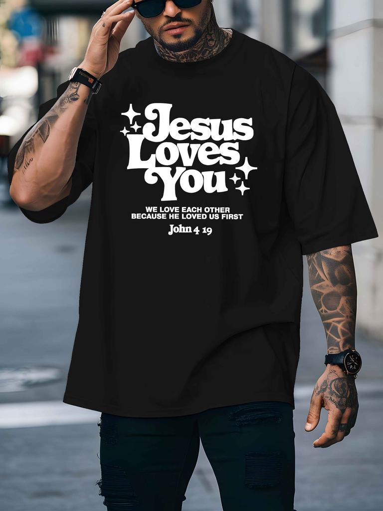 Jesus Loves You Unisexs Crew Neck T Shirt Christian Star Bible Verse Retro Text Graphic Short Sleeve Casual Street Tops