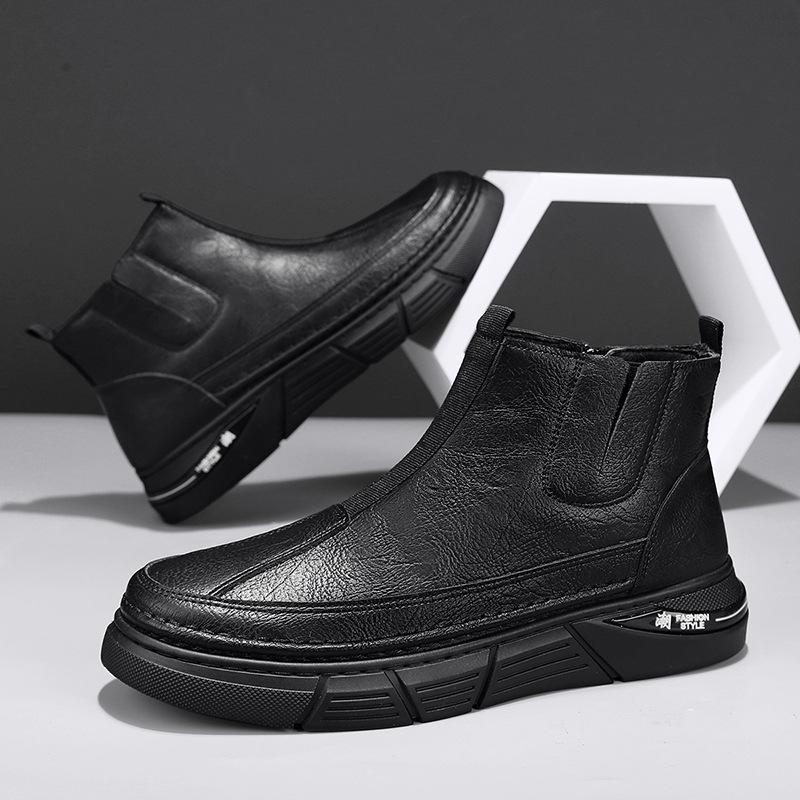 Autumn and winter casual leather boots men's fashion one-pedal Martin boots young and young retro style high-top outdoor platform shoes