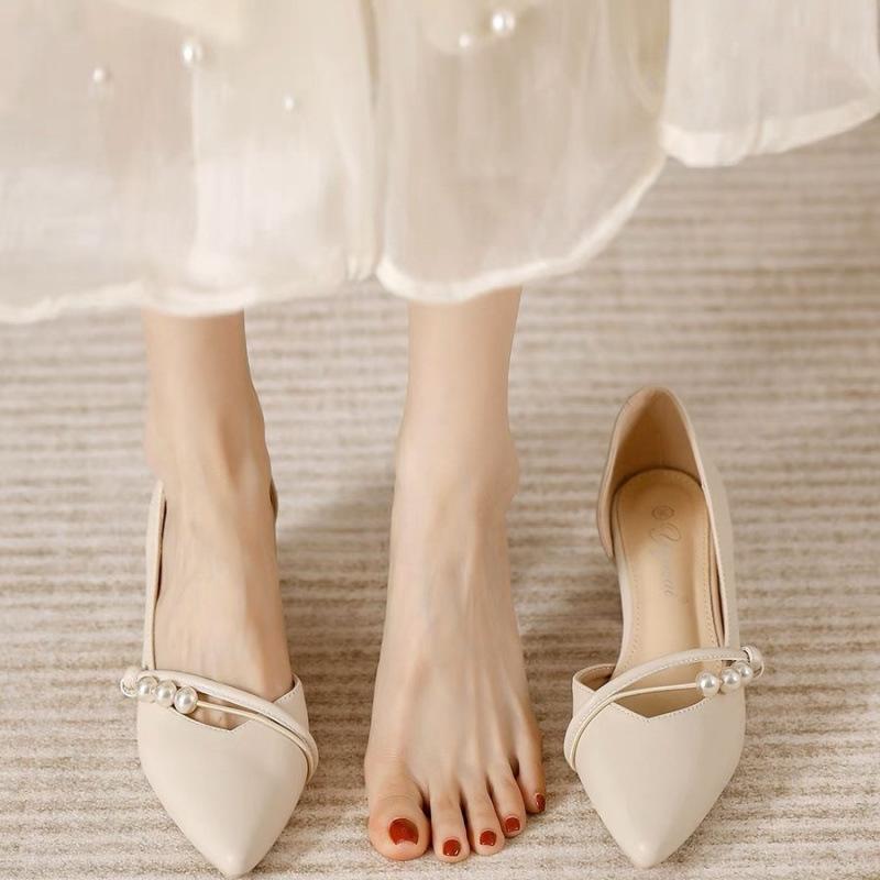 Leather French single shoes women's summer pointed middle heel thick heel late evening wind fairy shoes gentle small high heels