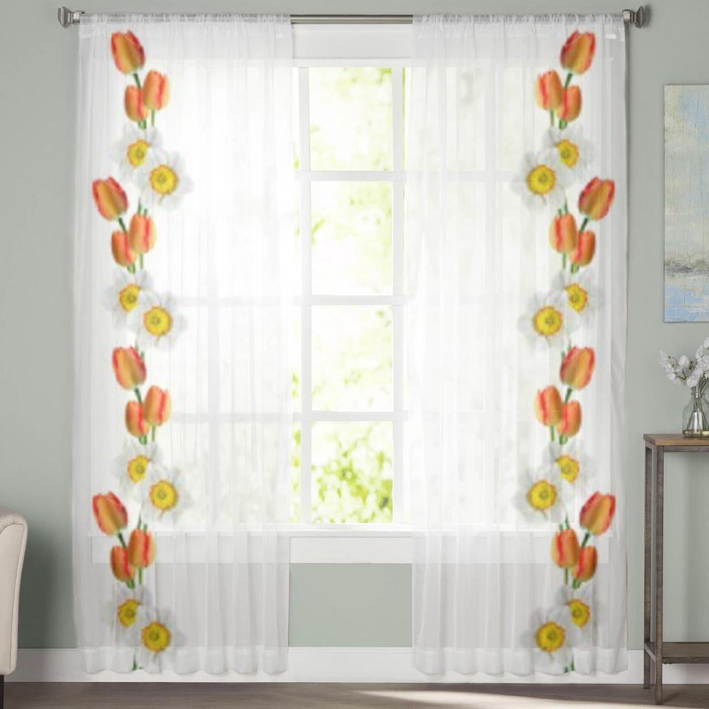 Plant Tulip Flowers Daisy Sheer Curtain For Living Room Modern Voile Tulle Window Curtains For Bedroom Kitchen Drapes