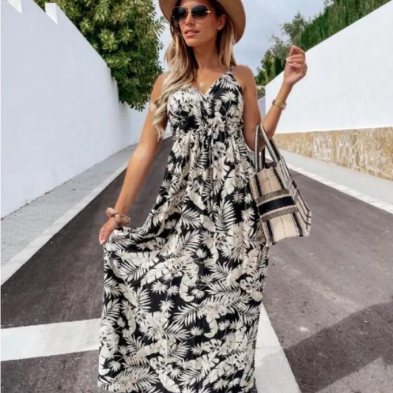 

European and American fashion new hot-selling women s clothing high-waist printing suspender big pendulum dress S белый