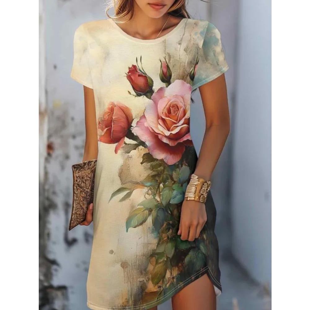 

Elegant Ethnic Style Retro 3D Print Round Neck Dress Summer Women s Short Sleeve Holiday Colorful Fashion Casual Oversized Dresses 8XL бежевий