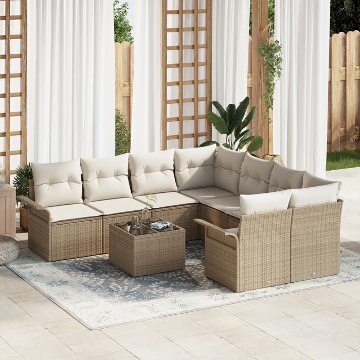 Ensemble de canapé de jardin 9 pièces avec coussins Beige Poly Rotin, Canapé de jardin 2 places avec rangement et coussins 3353970