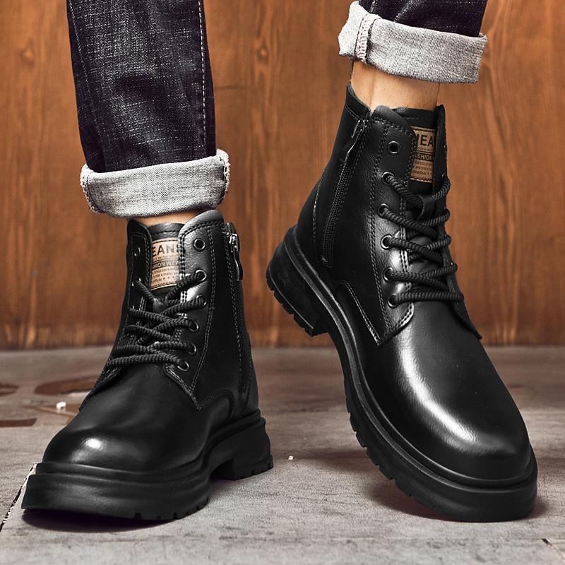 Herbst Winter Neue Lederstiefel für Herren Schwarze Stiefel Plateau-Stiefel Allround Herrenstiefel High Top Herren-Sneakers