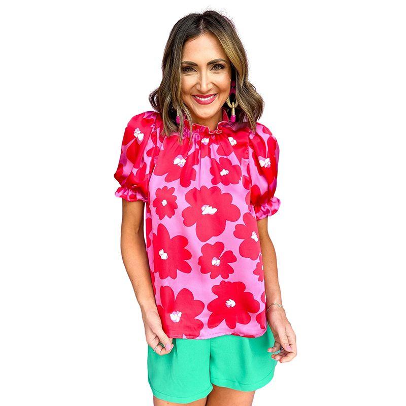 

2024 Early Spring New Arrival Flower Print Chiffon Shirt Women Fashion Temperament Commute Frill Stand Collar Three-Quarter Sleeve Tops Women Rose Red S code fits (45.00 kg-55.00 kg