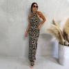 Temperament European and American style leopard print print neck halter split dress hip long dress dress