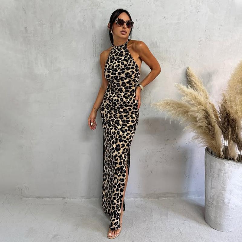 Temperament European and American style leopard print print neck halter split dress hip long dress dress