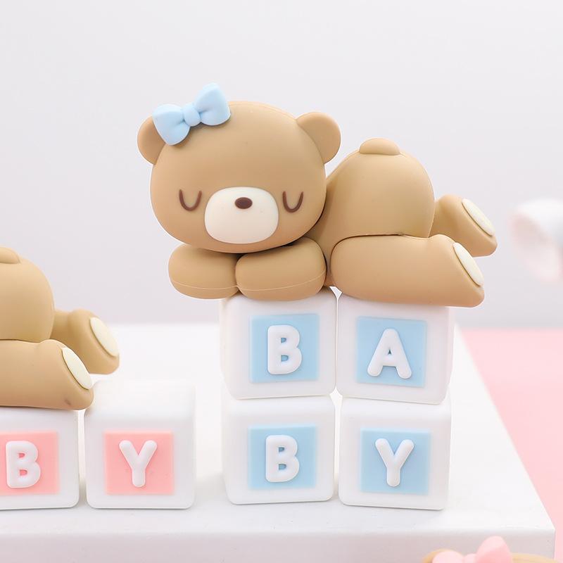 Cute Pink Blue Bear Cake Topper Bow Tie Bear Bake Cake Decoration Doll Ornament for Birthday Party Wedding Anniversary Cake Decor