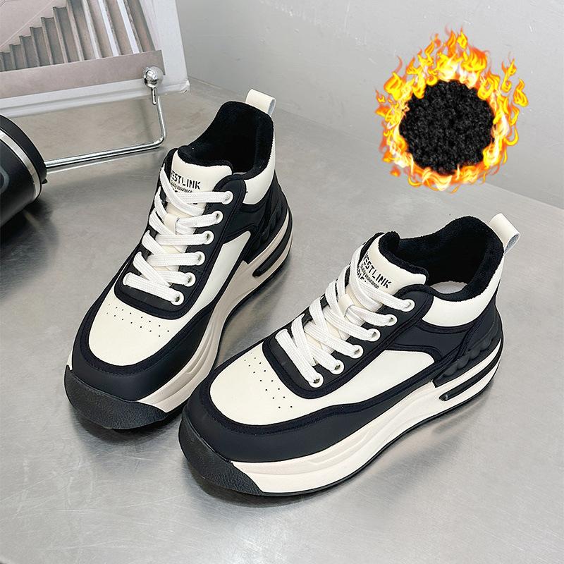 Thick-soled high-top shoes for women's ins cool new leather leather surface velvet muffin versatile sports and leisure board shoes