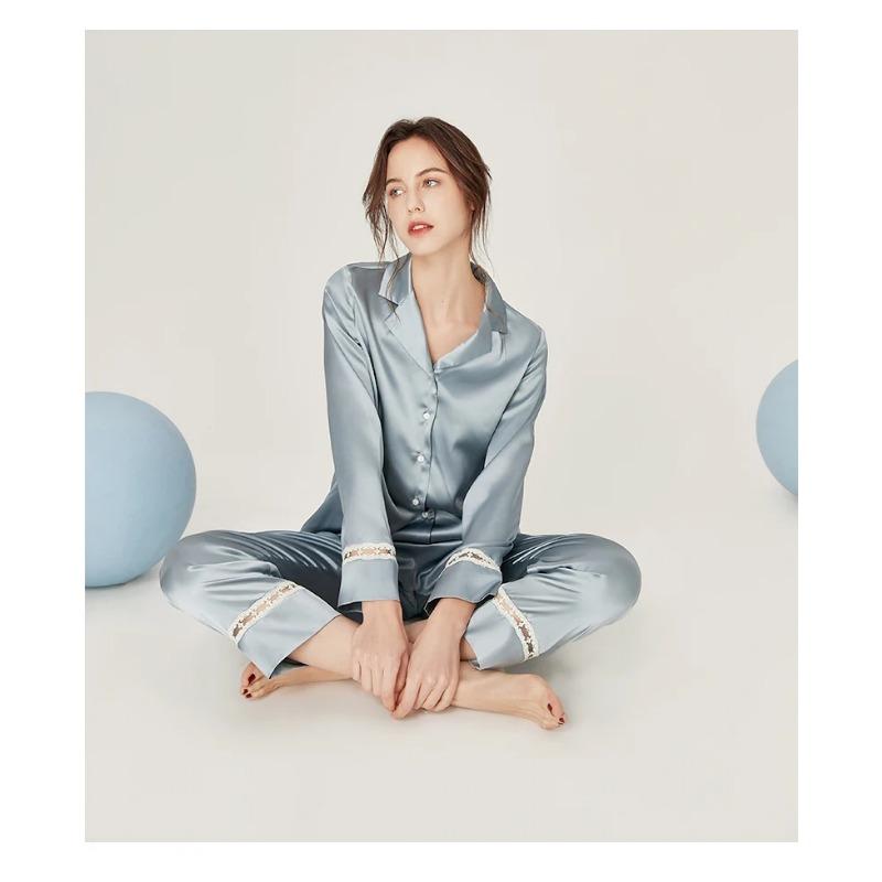 Silk Pajamas Set, Women's Lace Long Sleeved, Elegant Simplicity Home Fury.