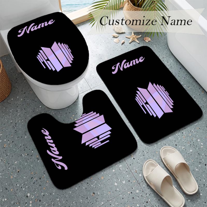 BTS (32) Custom name Flannel Toilet 3 Piece Set Soft Bathroom Rug Toilet Seat Cover for Bathroom Home Decor