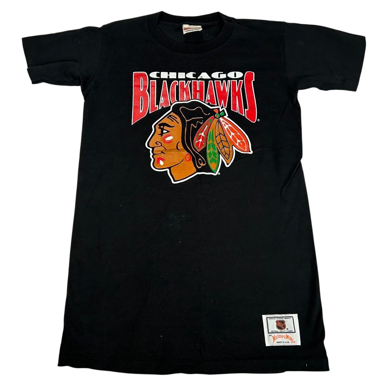 Vintage Nutmeg Mills Chicago Blackhawks NHL Black Mens Large Made in USA Unisex T-Shirt XXXXL