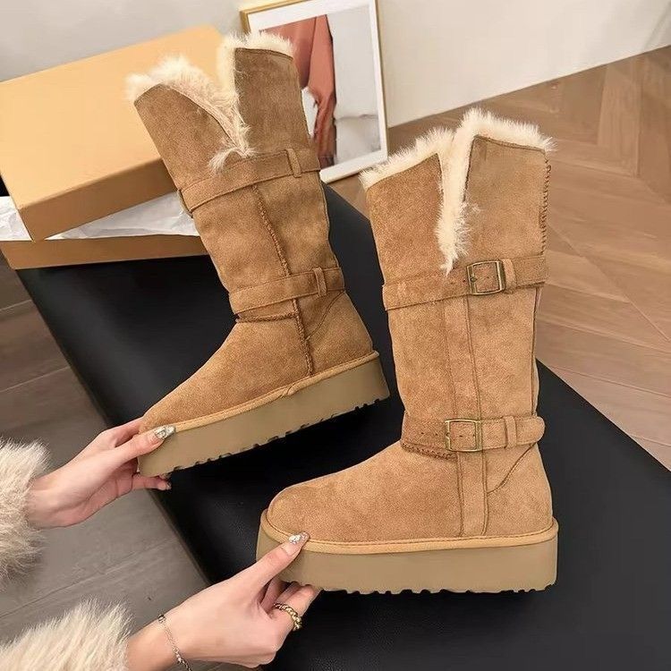 Fashion versatile belt buckle warm medium tube Martin boots winter 2025 new thick-soled velvet thickened snow boots women