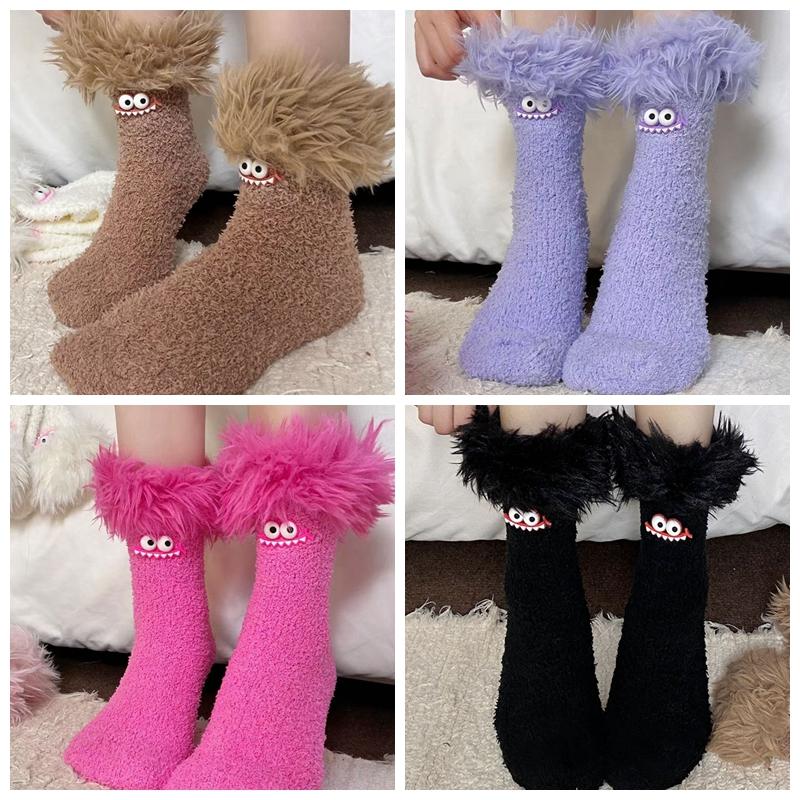Women Girls Winter Thick Coral Fleece Cartoon Big Mouth Monster Plush Sleep Socks Warm Soft Home Socks