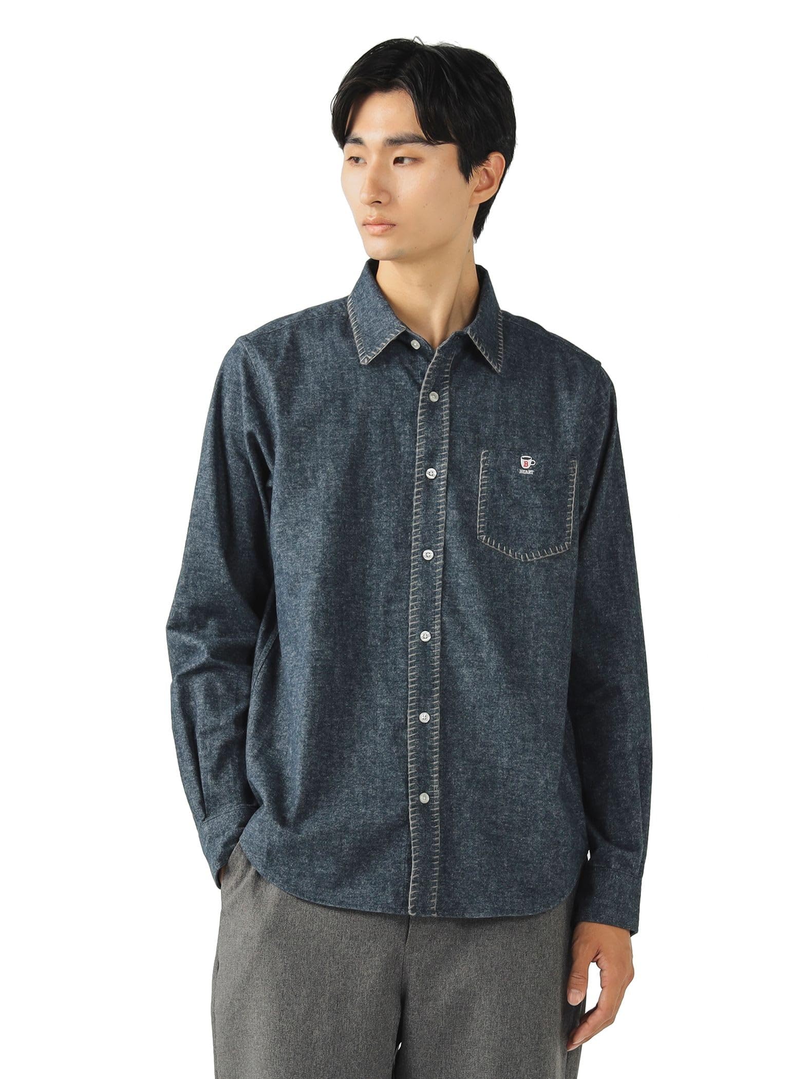 

Мужская темно-синяя фланелевая рубашка Beams Heart с кофейной строчкой