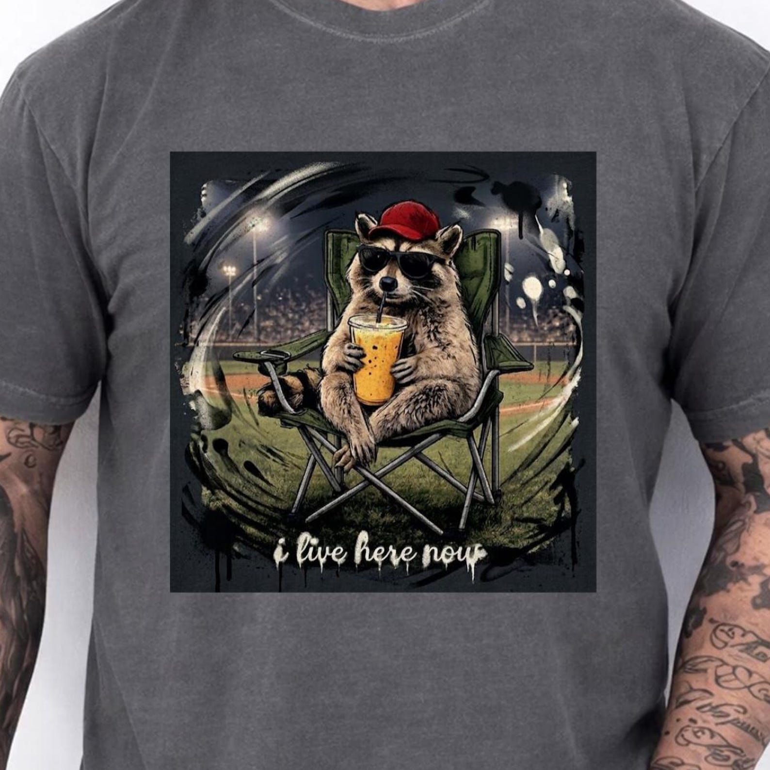 Funny Raccoon Shirt, I Live Here Now Shirt, Raccoon Drinking Iced Coffee Shirt, Funny Animal Meme Shirt Raccoon Shirt, Gift for Him Shirt 2XL