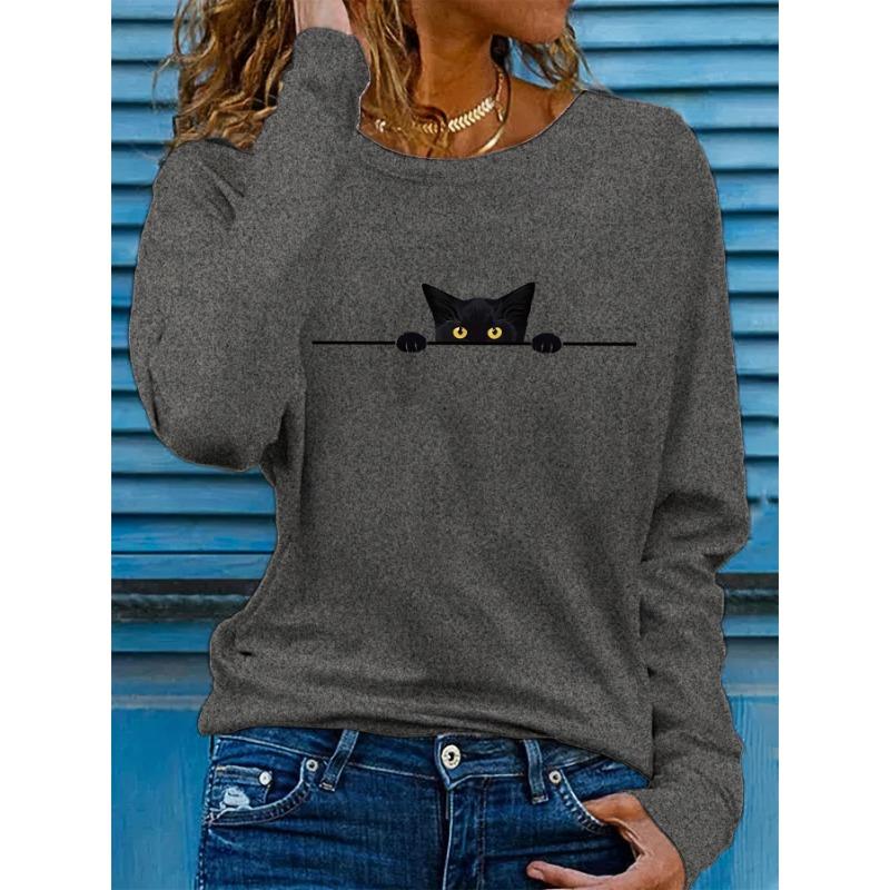 Women's spring and autumn comfortable casual fashion long sleeved cat graphic printed round neck T-shirt