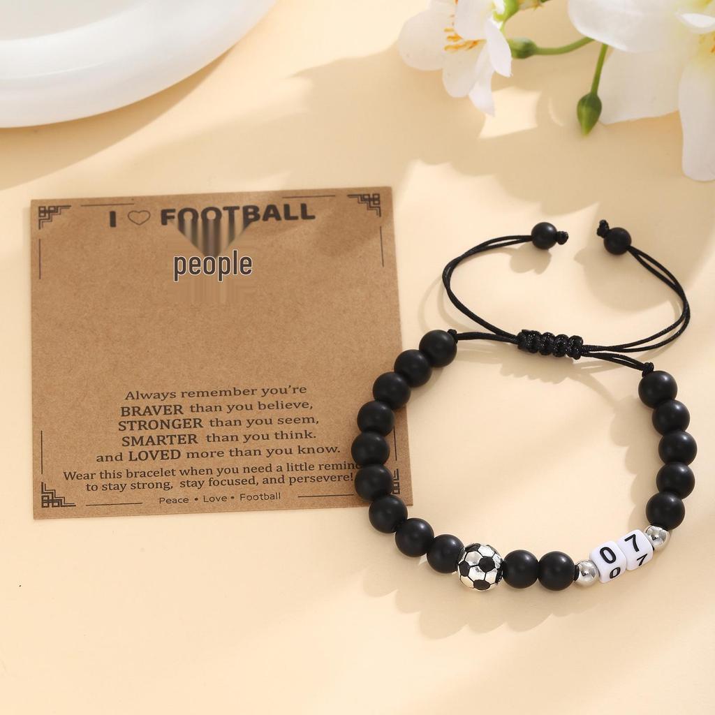 Men's Adjustable Black Matte Stone Beaded Bracelet - Football Number Birthday Gift