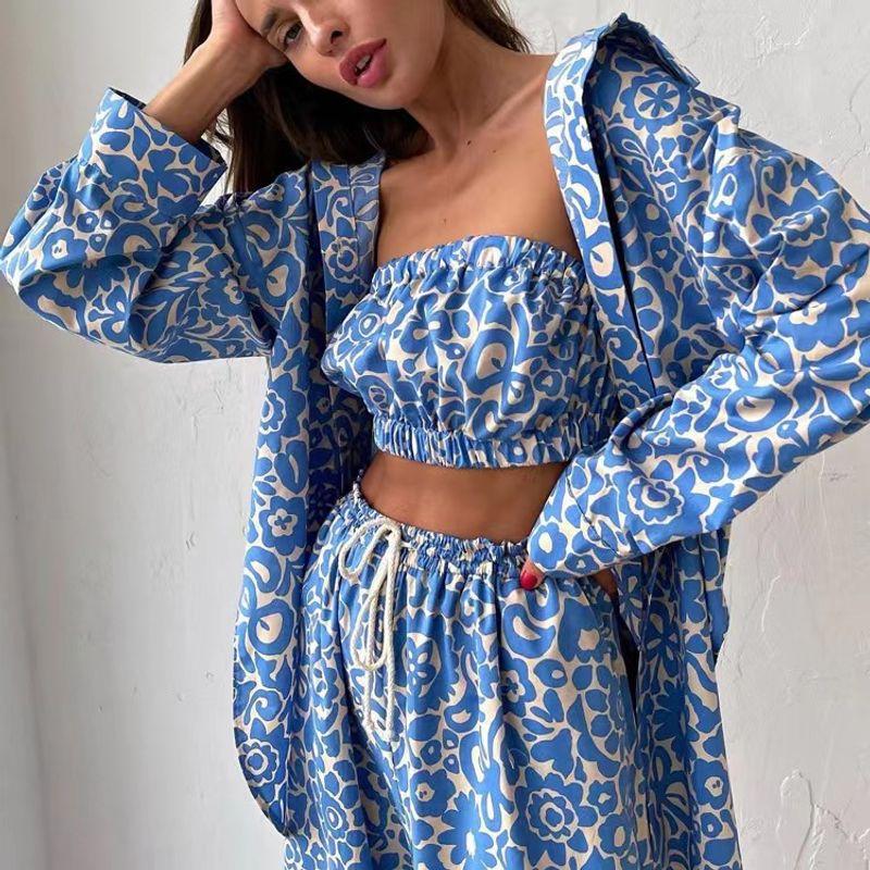 Western Style Print Shirts Tube Top Pants Three-Piece Suit Fashion Printed Three Piece Set