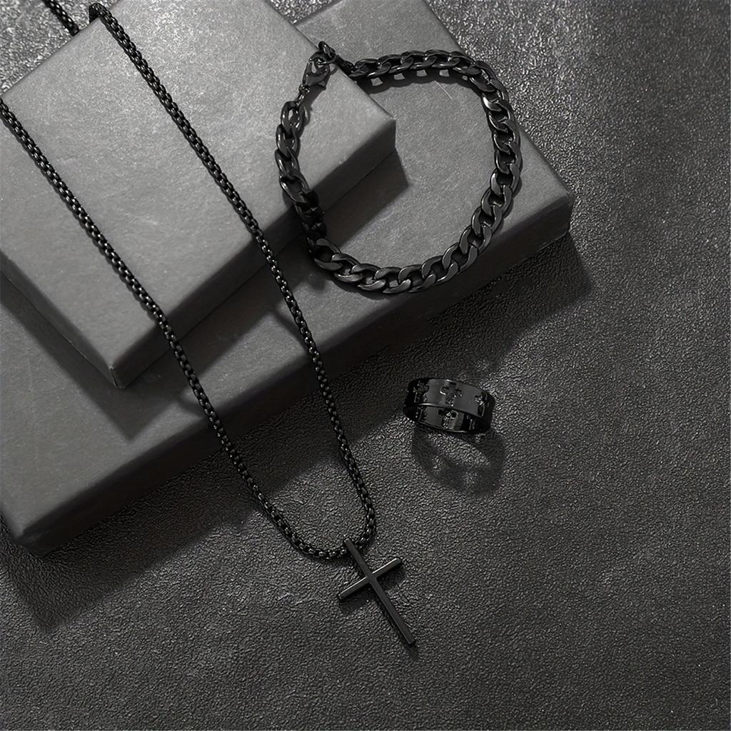 Men Fashion Jewelry Set Featuring Cross Pendant Necklace Bracelet and Rings Gothic Jewelry for Stylish Faith Expression